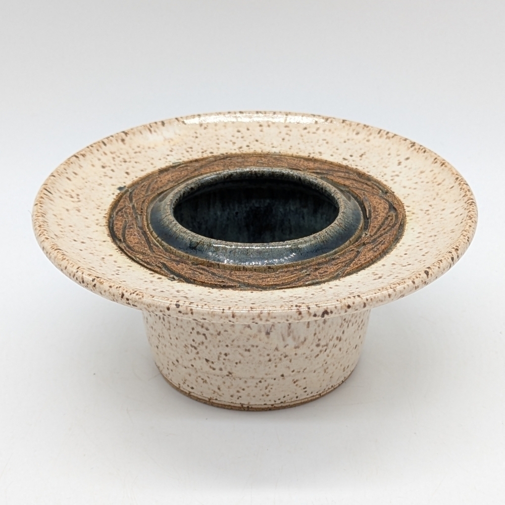 Tan Cream Blue Ceramic Earthenware Flower Frog Vase